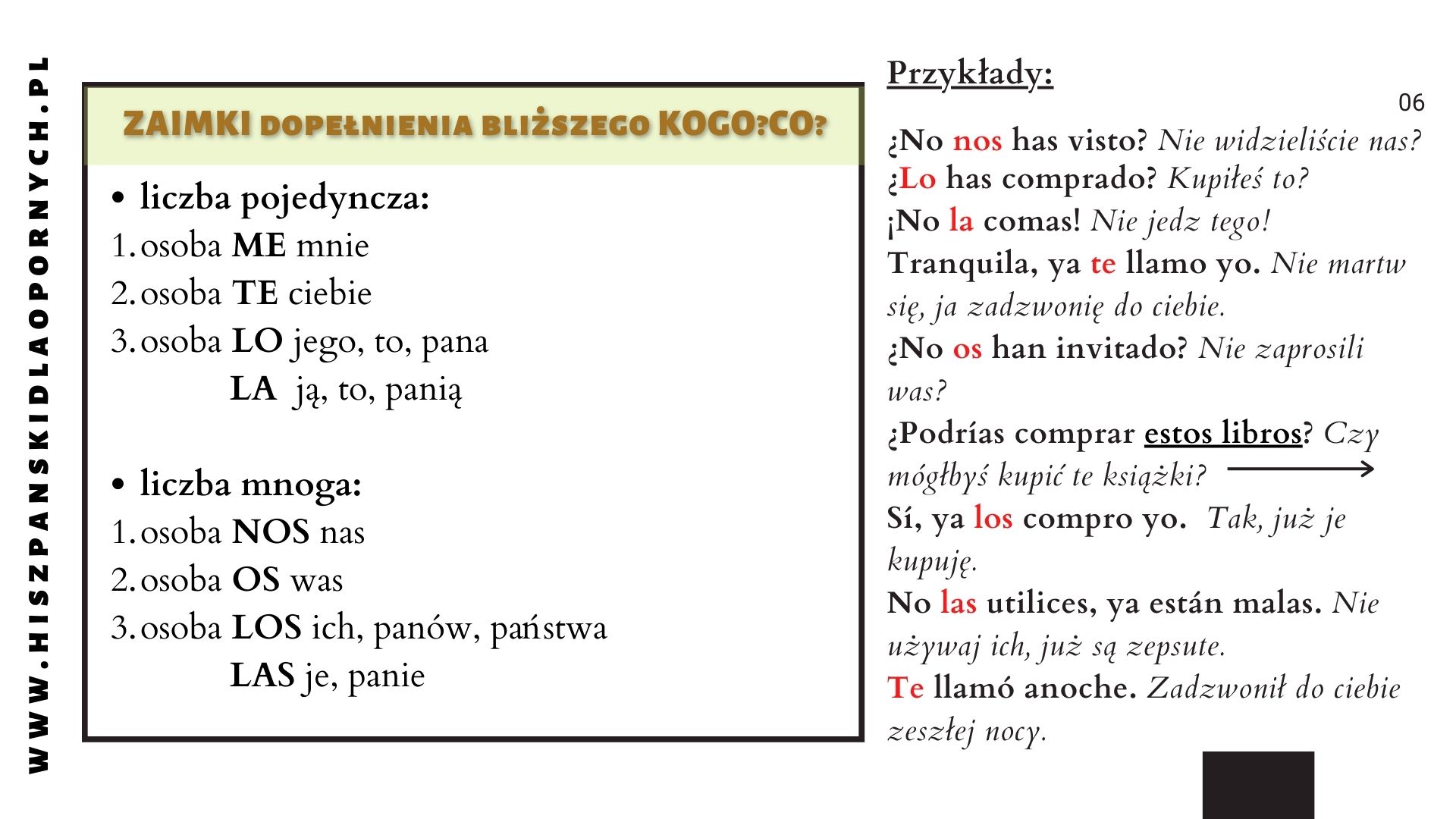 hiszpanskie zaimki osobowe, dopelnienie blizsze i dalsze przyklady