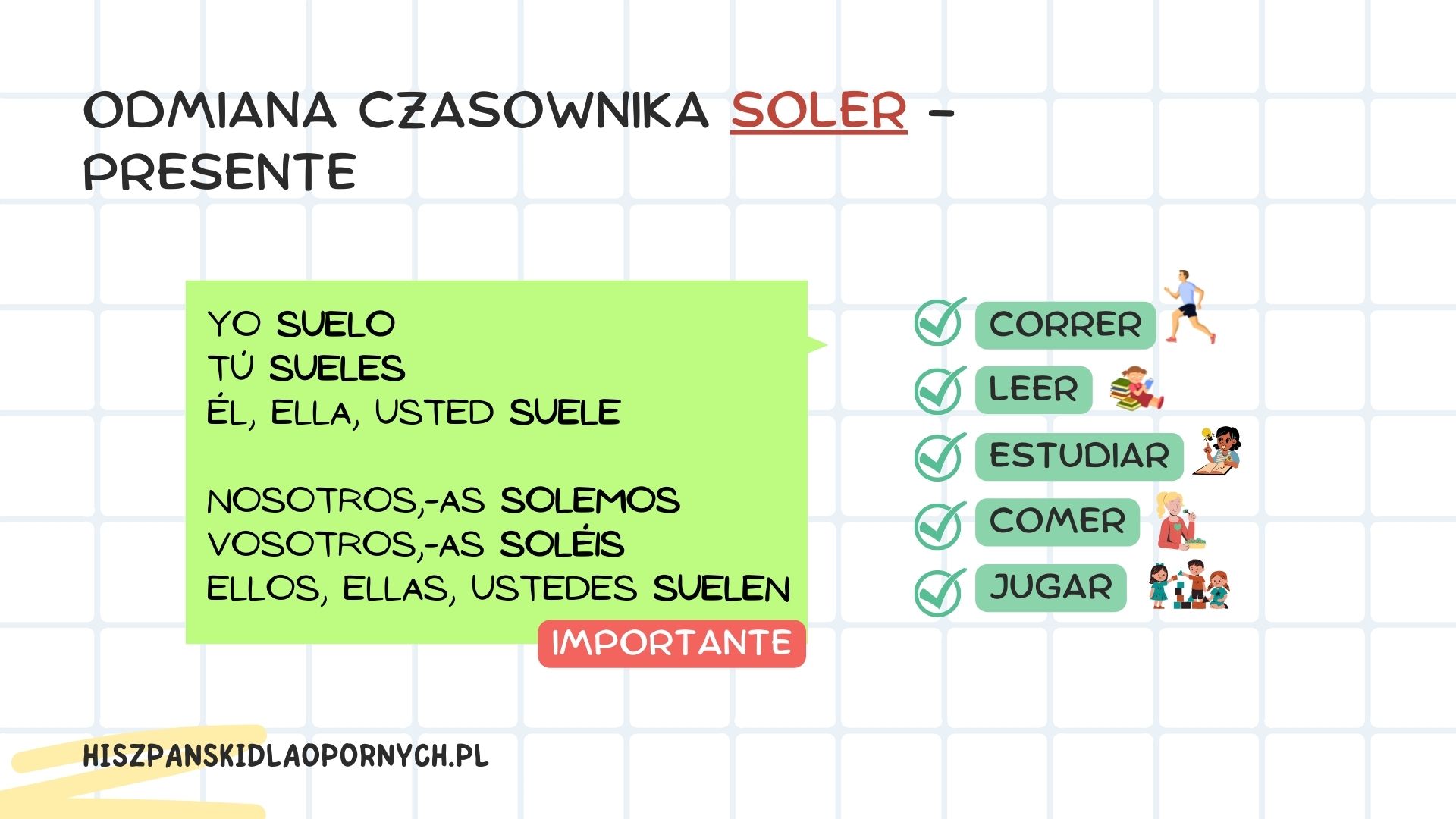 poznaj hiszpanski czasownik soler - miec w zwyczaju-hiszpanski dla poczatkujacych-podstawowa gramatyka hiszpanska-hiszpanski online gratis- odmiana hiszpanskiego czasownika soler